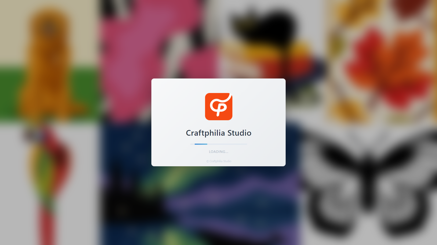 Craftphilia Studio software loading screen over blurred tufting artwork background