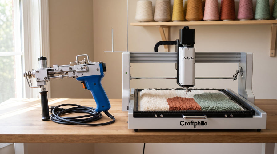 A tufting gun and an automated tufting machine side by side in a home studio