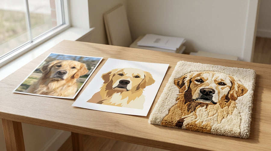 Photo, colour-block design, and finished tufted rug of a golden retriever