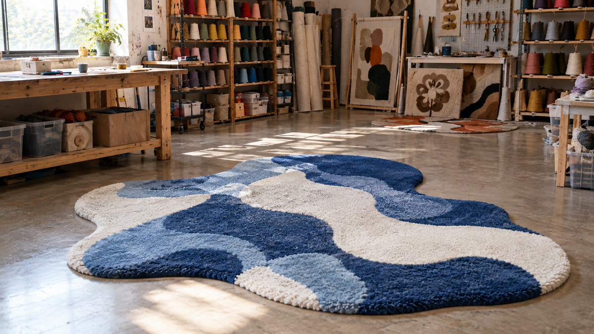 A blue and white organic shaped tufted rug in a creative studio workspace