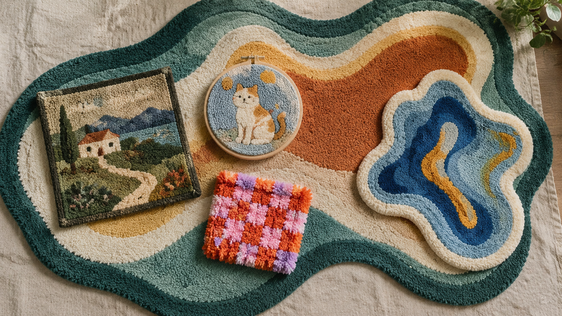 A large tufted rug with smaller rug hooking, punch needle and latch hook pieces