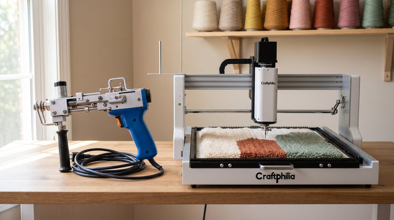 A tufting gun and an automated tufting machine side by side in a home studio