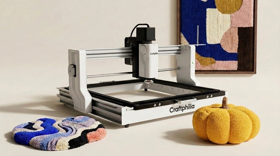 Craftphilia tufting machine surrounded by tufted wall art, a shaped rug and a tufted pumpkin