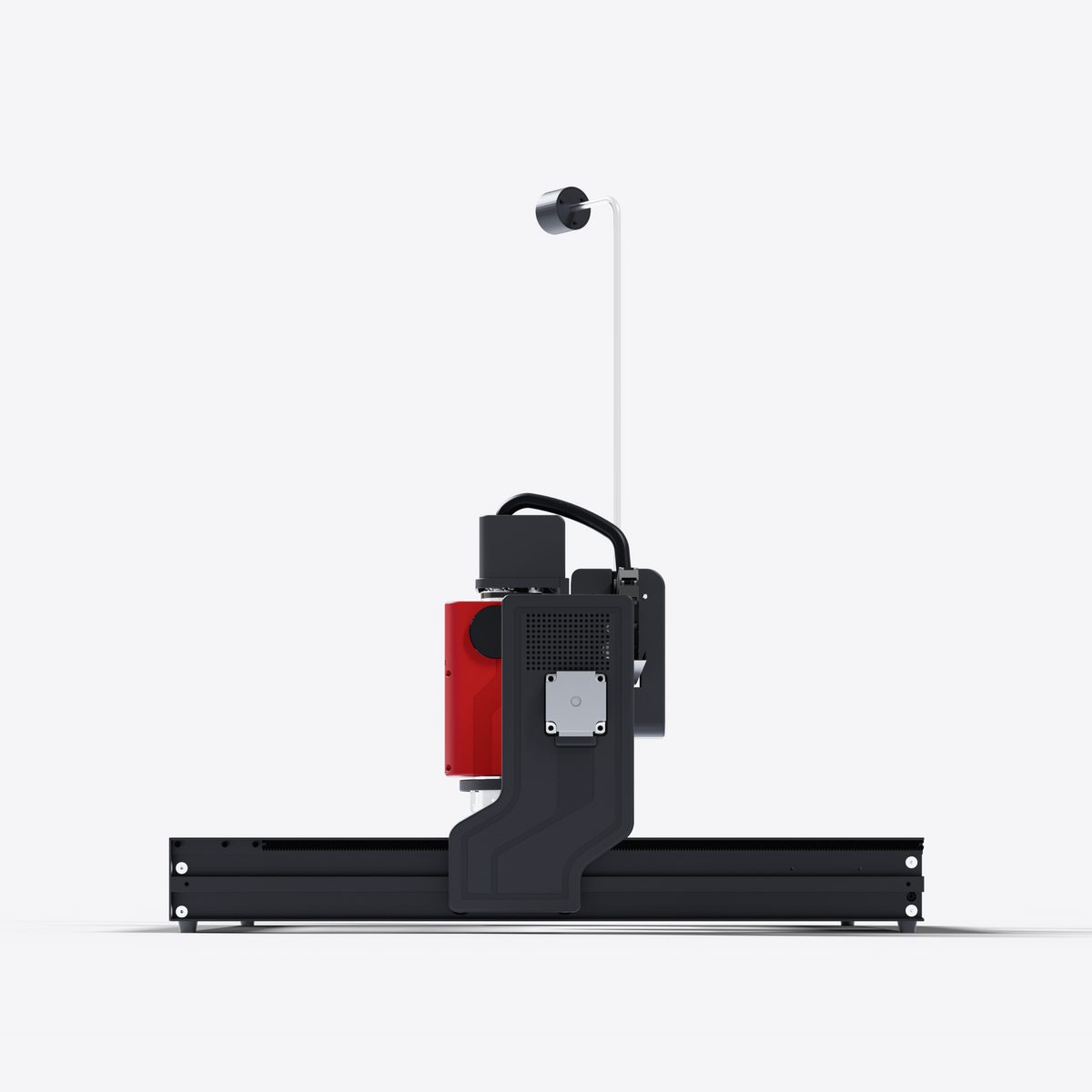 A craftphilia 50cm*50cm automatic tufting machine shown in a side profile view on a clean white background. The printer features a black metal frame, a black and gray gantry system, a red cylindrical print head housing.
