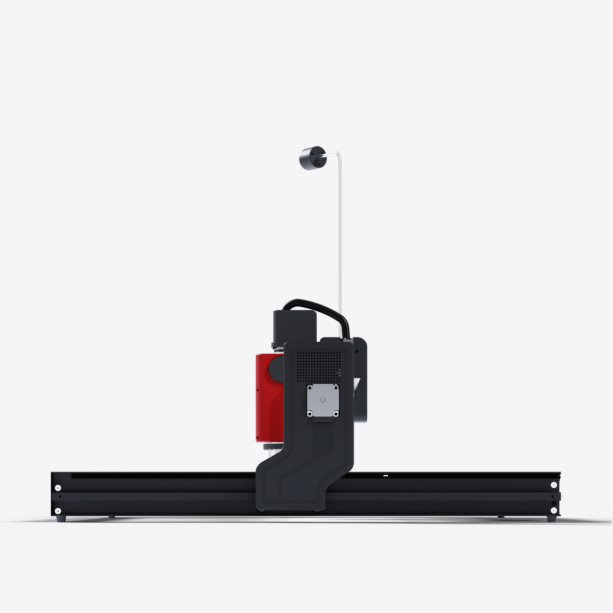 A modern desktop 70cm*70cm automatic tufting machine shown in a side profile view against a clean white background. The machine features a black frame and gantry, a red tufting head, and a white vertical Z-axis lead with a black end cap.