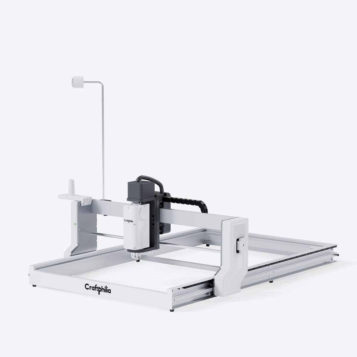 A Craftphilia 50cm*100cm desktop Automatic tufting machine shown in a clean studio shot against a light gray background. The Automatic tufting machine features a white metal frame with a black and white gantry system holding the print head.