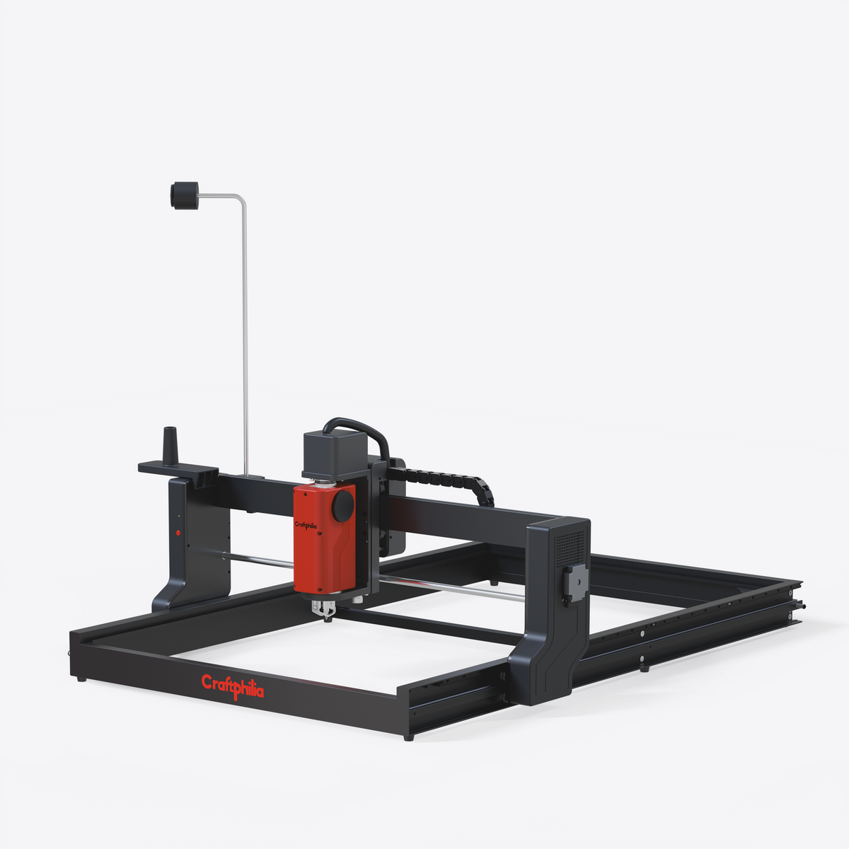 A CraftPhilia 50cm*100cm desktop automatic tufting machine shown in a clean studio shot against a light gray background. The machine features a black metal frame with a prominent red vertical enclosure around the tufting head, a white guide rail.