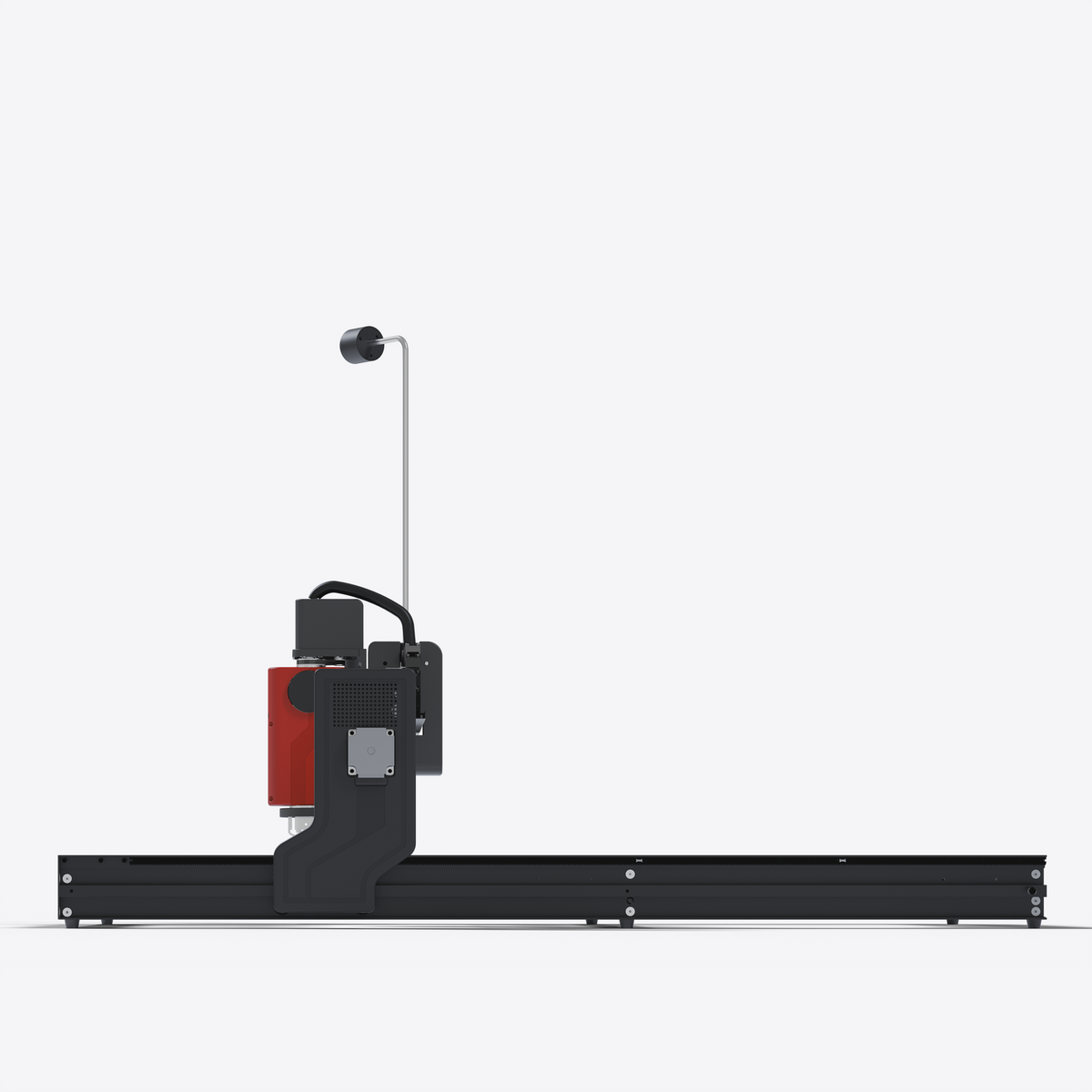 A craftphilia 50cm*100cm automatic tufting machine shown in a side profile view on a clean white background. The printer features a black metal frame, a black and gray gantry system, a red cylindrical print head housing.