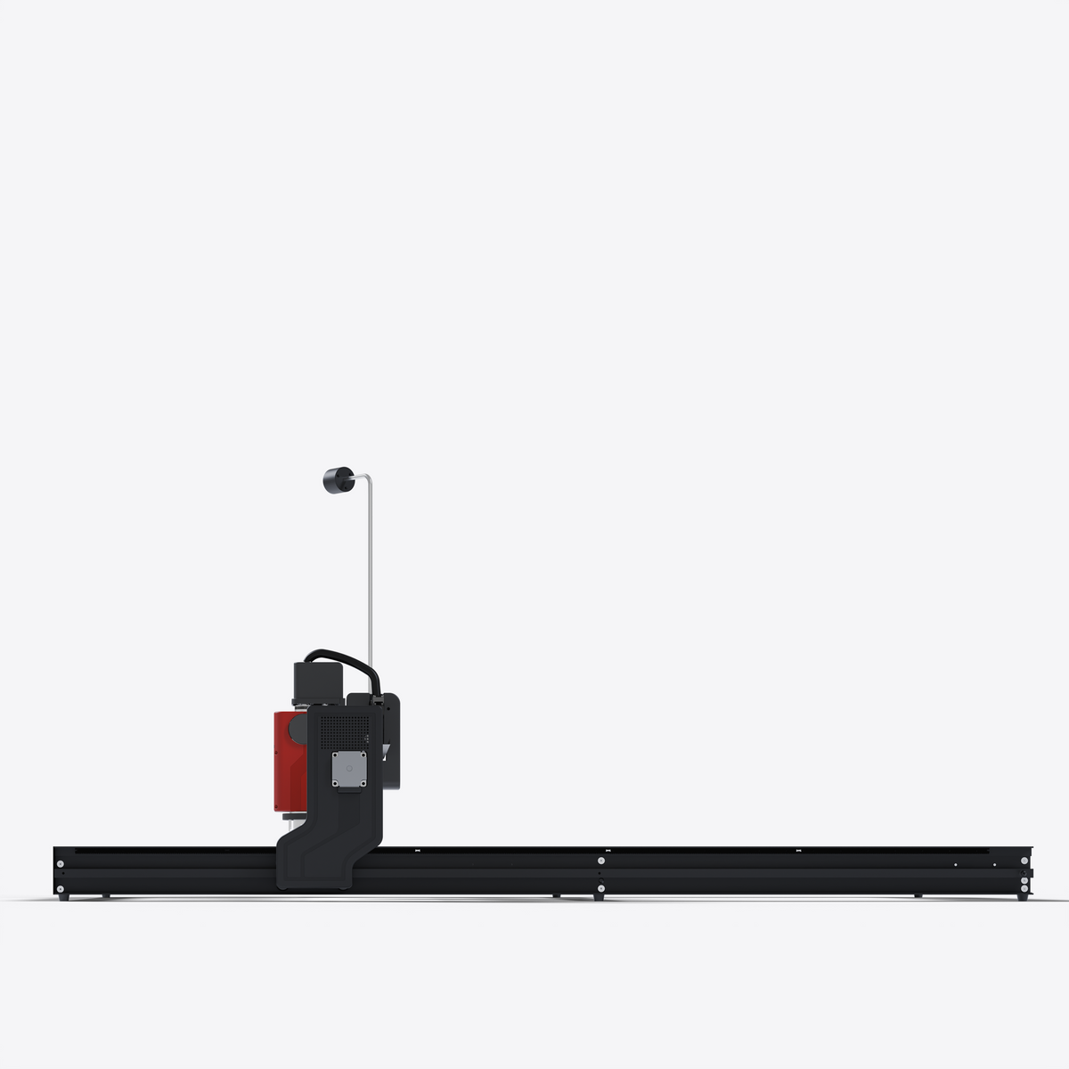 A modern desktop 70cm*140cm automatic tufting machine shown in a side profile view against a clean white background. The machine features a black frame and gantry, a red tufting head, and a white vertical Z-axis lead with a black end cap.