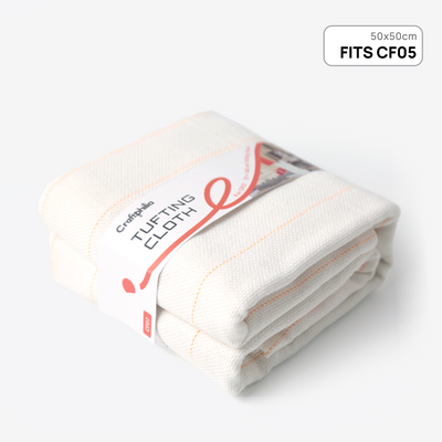 A craftphilia folded white cotton tufting cloth with orange stitching, shown on a light gray background with a 'FITS CF05 50x50cm ' badge in the top right corner.