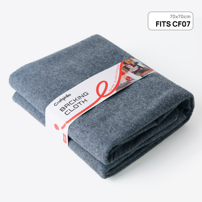 A folded gray felt backing cloth wrapped in a white paper band labeled 'Craftsphilia BACKING CLOTH,' shown on a clean white background with a small '70x70cm FITS CF07' callout in the top right.